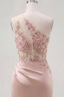 Laden Sie das Bild in den Galerie-Viewer, Champagner-Ein-Schulter-Bodycon-transparentes Korsett mit gerafftem Homecoming-Kleid mit Perlen
