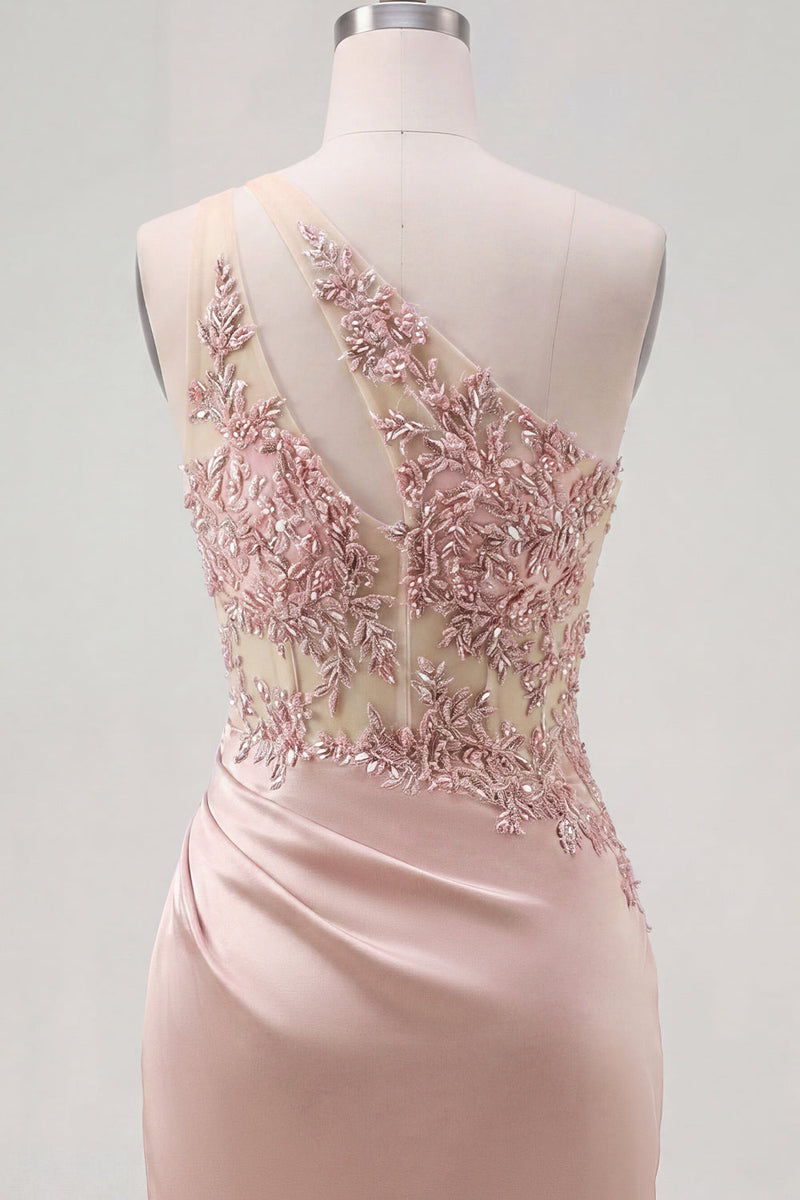 Laden Sie das Bild in den Galerie-Viewer, Champagner-Ein-Schulter-Bodycon-transparentes Korsett mit gerafftem Homecoming-Kleid mit Perlen