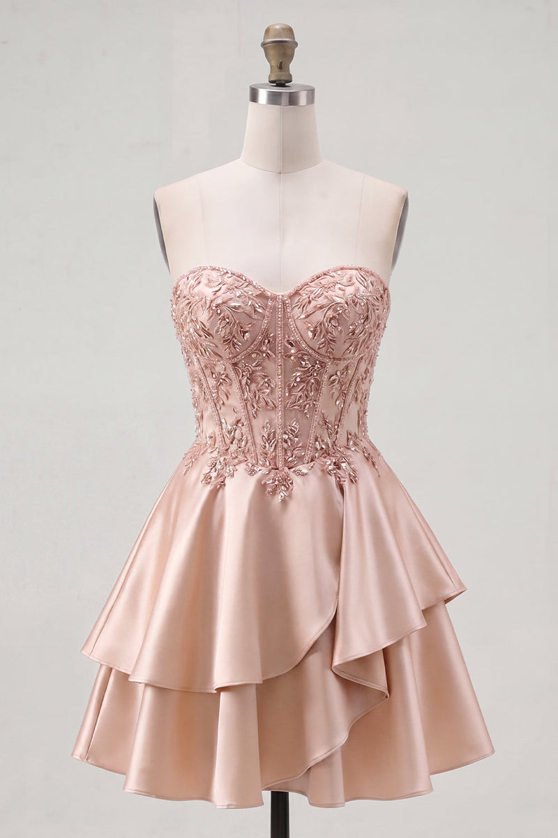 Laden Sie das Bild in den Galerie-Viewer, A-Line Champagner Sweetheart transparentes Korsett mit Rüschen und Heimkehrkleid mit Perlen