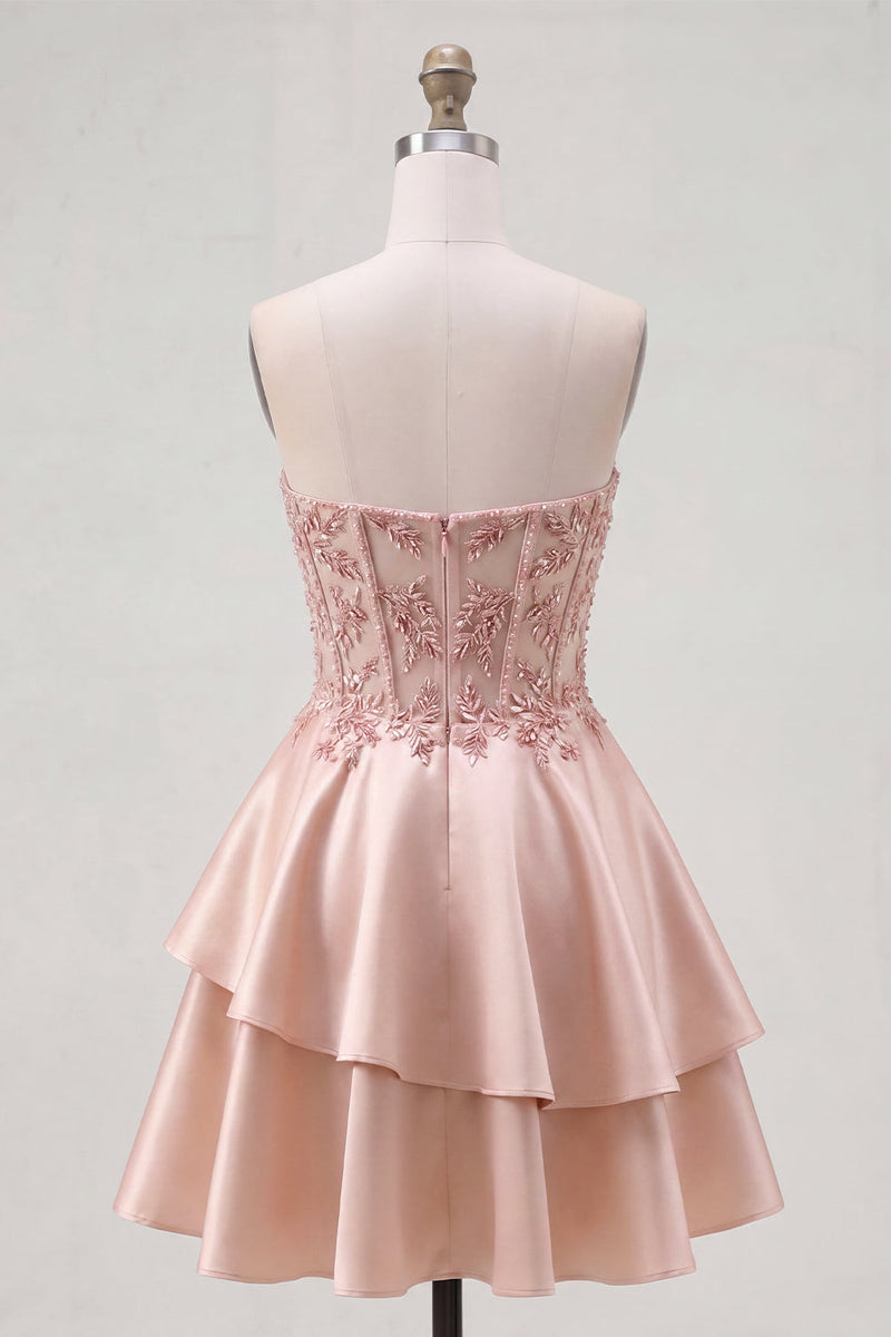 Laden Sie das Bild in den Galerie-Viewer, A-Line Champagner Sweetheart transparentes Korsett mit Rüschen und Heimkehrkleid mit Perlen