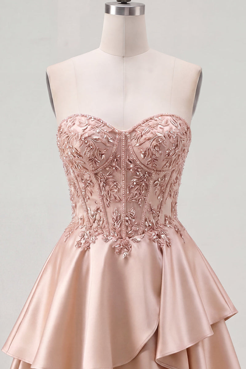 Laden Sie das Bild in den Galerie-Viewer, A-Line Champagner Sweetheart transparentes Korsett mit Rüschen und Heimkehrkleid mit Perlen
