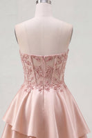 Laden Sie das Bild in den Galerie-Viewer, A-Line Champagner Sweetheart transparentes Korsett mit Rüschen und Heimkehrkleid mit Perlen