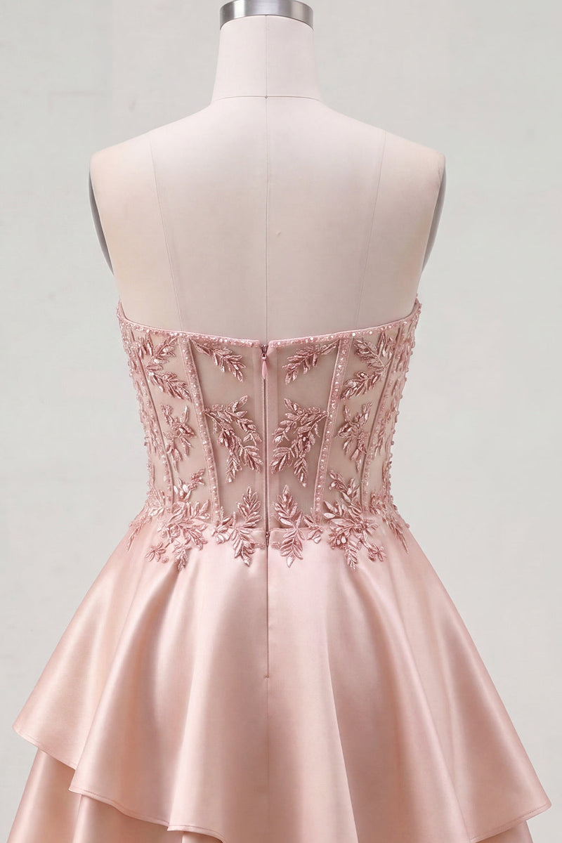 Laden Sie das Bild in den Galerie-Viewer, A-Line Champagner Sweetheart transparentes Korsett mit Rüschen und Heimkehrkleid mit Perlen
