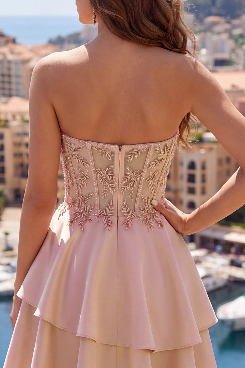 Laden Sie das Bild in den Galerie-Viewer, A-Line Champagner Sweetheart transparentes Korsett mit Rüschen und Heimkehrkleid mit Perlen