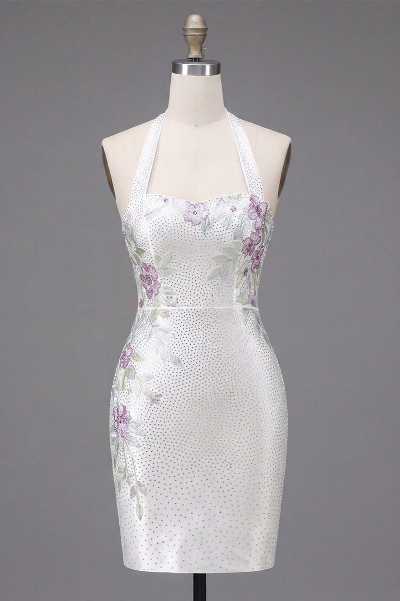 Laden Sie das Bild in den Galerie-Viewer, Weißes Neckholder-Bodycon-Blumen-Homecoming-Kleid mit Perlen