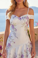 Laden Sie das Bild in den Galerie-Viewer, Kaltschulter-A-Linie weißes Blumen-Homecoming-Kleid mit Perlen