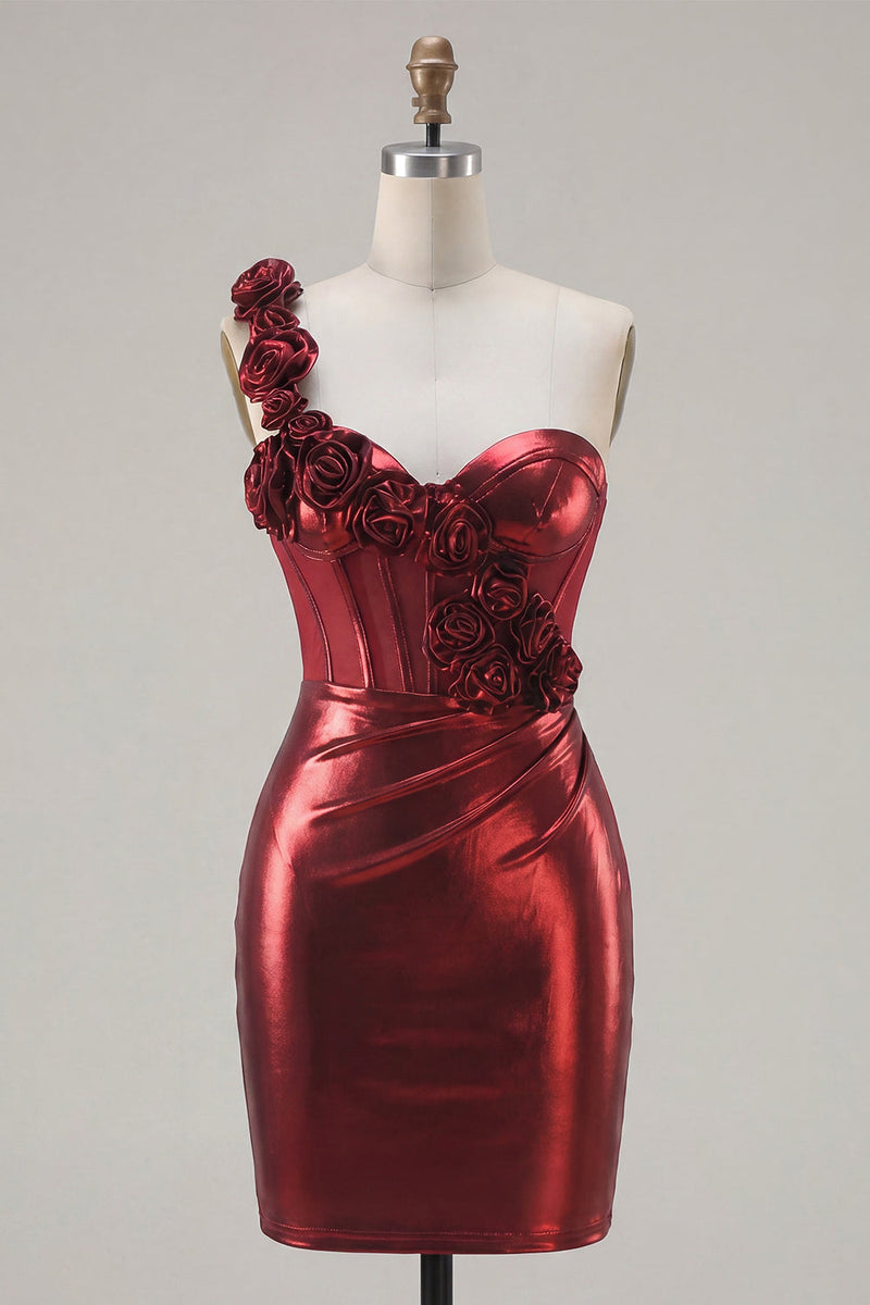 Laden Sie das Bild in den Galerie-Viewer, Metallisch-burgunderrotes einschulterfarbenes Blumenkorsett Bodycon mit gerafftem Homecoming-Kleid