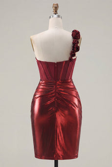 Metallisch-burgunderrotes einschulterfarbenes Blumenkorsett Bodycon mit gerafftem Homecoming-Kleid