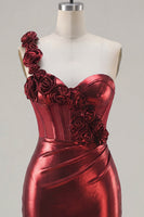 Laden Sie das Bild in den Galerie-Viewer, Metallisch-burgunderrotes einschulterfarbenes Blumenkorsett Bodycon mit gerafftem Homecoming-Kleid