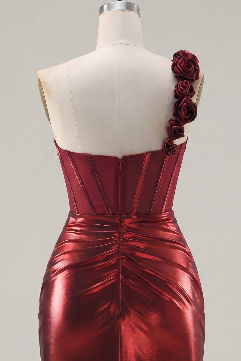 Laden Sie das Bild in den Galerie-Viewer, Metallisch-burgunderrotes einschulterfarbenes Blumenkorsett Bodycon mit gerafftem Homecoming-Kleid