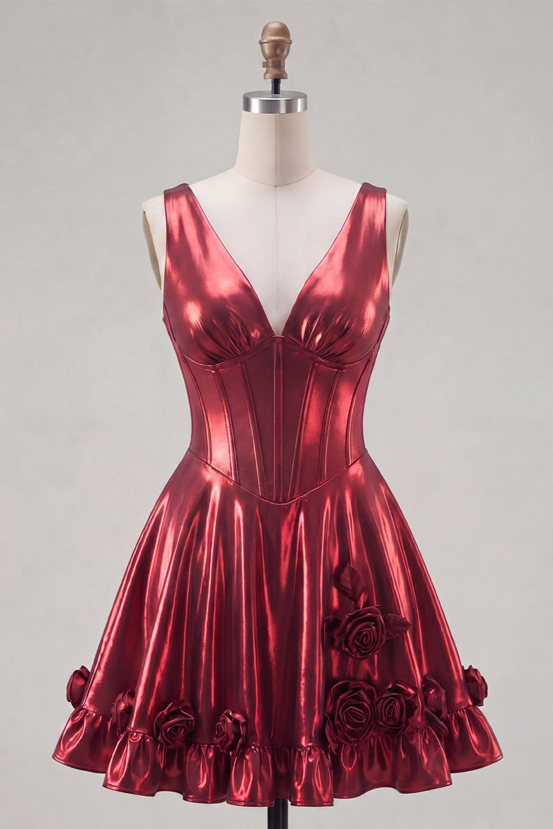 Laden Sie das Bild in den Galerie-Viewer, Metallisches bordeauxrotes A-Line V-Ausschnitt-Korsett-Homecoming-Kleid mit 3D-Blumen