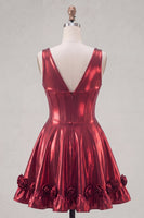 Laden Sie das Bild in den Galerie-Viewer, Metallisches bordeauxrotes A-Line V-Ausschnitt-Korsett-Homecoming-Kleid mit 3D-Blumen