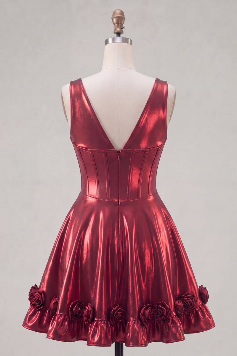 Laden Sie das Bild in den Galerie-Viewer, Metallisches bordeauxrotes A-Line V-Ausschnitt-Korsett-Homecoming-Kleid mit 3D-Blumen