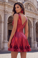 Laden Sie das Bild in den Galerie-Viewer, Metallisches bordeauxrotes A-Line V-Ausschnitt-Korsett-Homecoming-Kleid mit 3D-Blumen