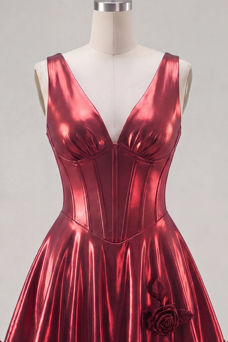 Laden Sie das Bild in den Galerie-Viewer, Metallisches bordeauxrotes A-Line V-Ausschnitt-Korsett-Homecoming-Kleid mit 3D-Blumen