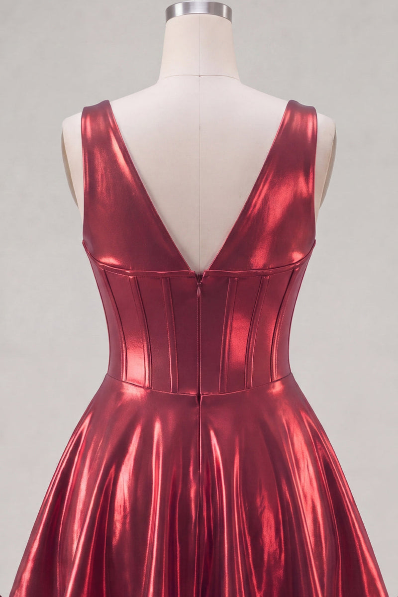 Laden Sie das Bild in den Galerie-Viewer, Metallisches bordeauxrotes A-Line V-Ausschnitt-Korsett-Homecoming-Kleid mit 3D-Blumen