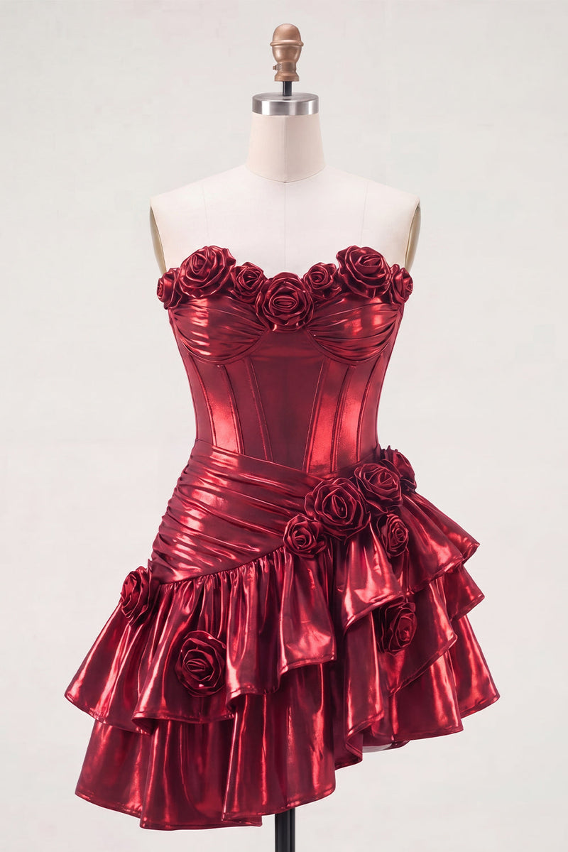 Laden Sie das Bild in den Galerie-Viewer, Metallisches bordeauxrotes A-Line-Off-the-shoulder-Korsett-Homecoming-Kleid mit 3D-Blumen