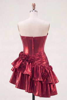 Metallisches bordeauxrotes A-Line-Off-the-shoulder-Korsett-Homecoming-Kleid mit 3D-Blumen