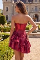 Laden Sie das Bild in den Galerie-Viewer, Metallisches bordeauxrotes A-Line-Off-the-shoulder-Korsett-Homecoming-Kleid mit 3D-Blumen