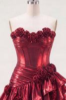 Laden Sie das Bild in den Galerie-Viewer, Metallisches bordeauxrotes A-Line-Off-the-shoulder-Korsett-Homecoming-Kleid mit 3D-Blumen