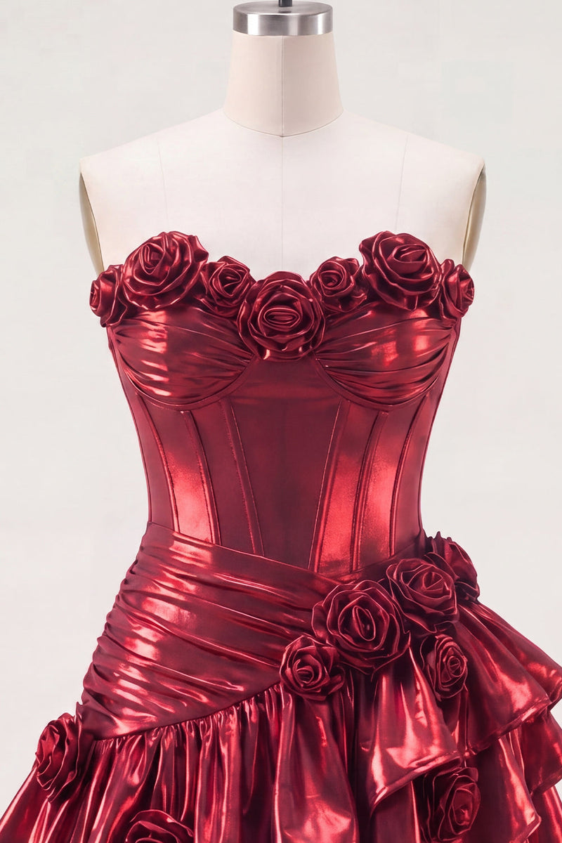 Laden Sie das Bild in den Galerie-Viewer, Metallisches bordeauxrotes A-Line-Off-the-shoulder-Korsett-Homecoming-Kleid mit 3D-Blumen
