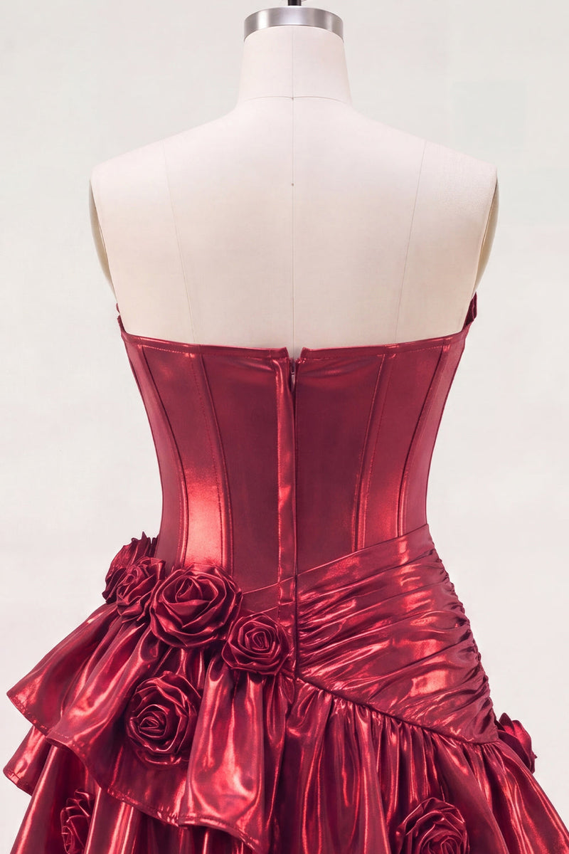 Laden Sie das Bild in den Galerie-Viewer, Metallisches bordeauxrotes A-Line-Off-the-shoulder-Korsett-Homecoming-Kleid mit 3D-Blumen