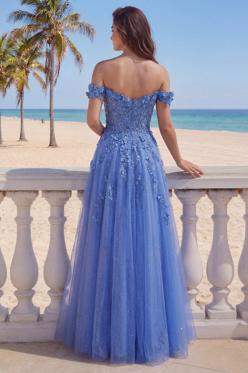Laden Sie das Bild in den Galerie-Viewer, Dunkelblaues Schulterfreies A-Linie Korsett Langes Abschlussballkleid mit Applikationen