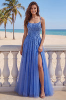 Laden Sie das Bild in den Galerie-Viewer, Dunkelblaues A-Line-Korsett, mit Applikation, langes Abschlussballkleid mit Schlitz