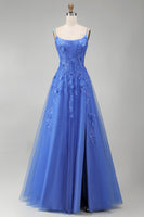Laden Sie das Bild in den Galerie-Viewer, Dunkelblaues A-Linie Korsett Applikation Langes Abschlussballkleid mit Schlitz