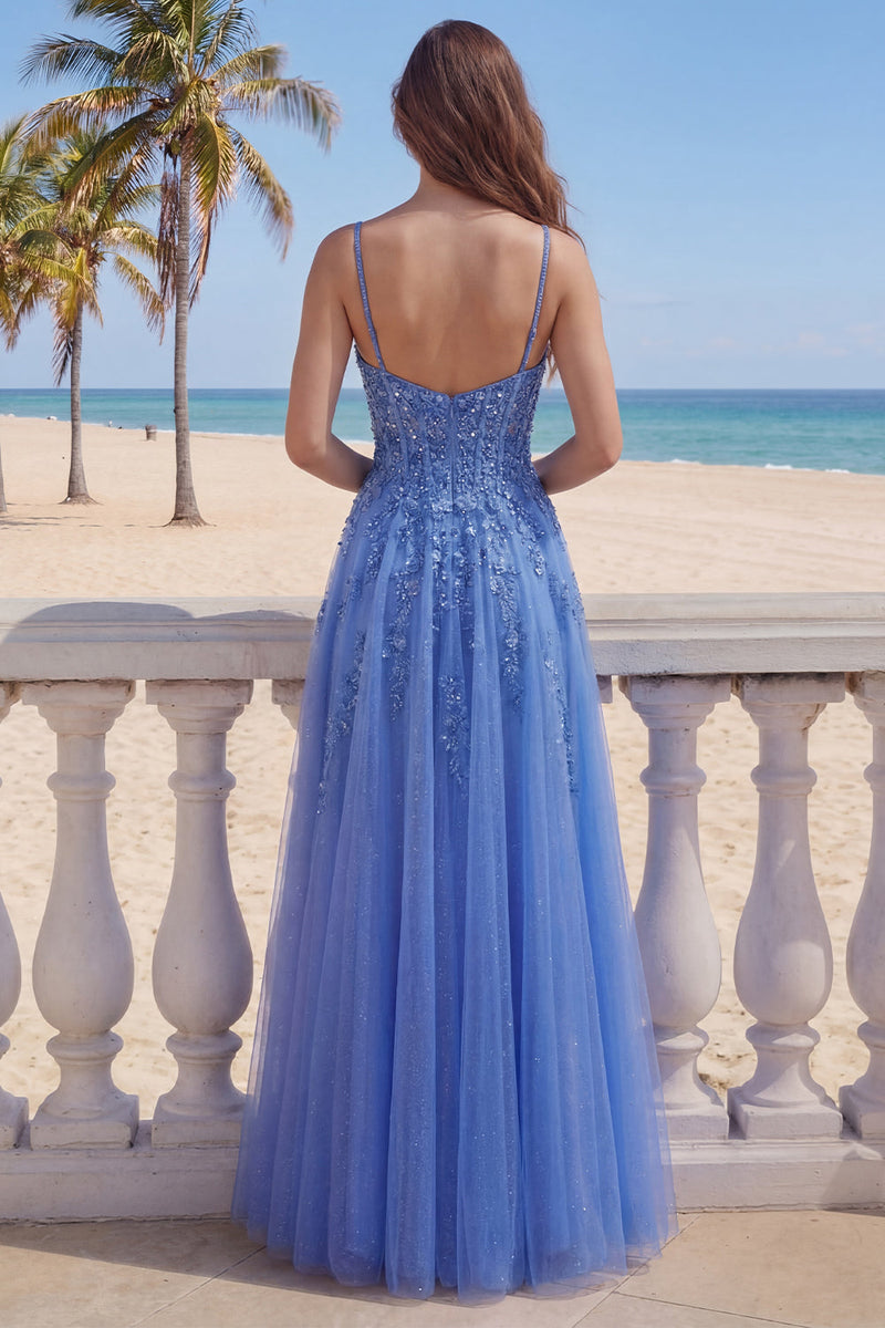 Laden Sie das Bild in den Galerie-Viewer, Dunkelblaues A-Line-Korsett, mit Applikation, langes Abschlussballkleid mit Schlitz