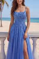Laden Sie das Bild in den Galerie-Viewer, Dunkelblaues A-Line-Korsett, mit Applikation, langes Abschlussballkleid mit Schlitz