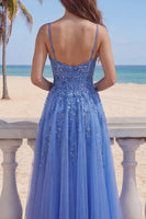Laden Sie das Bild in den Galerie-Viewer, Dunkelblaues A-Line-Korsett, mit Applikation, langes Abschlussballkleid mit Schlitz