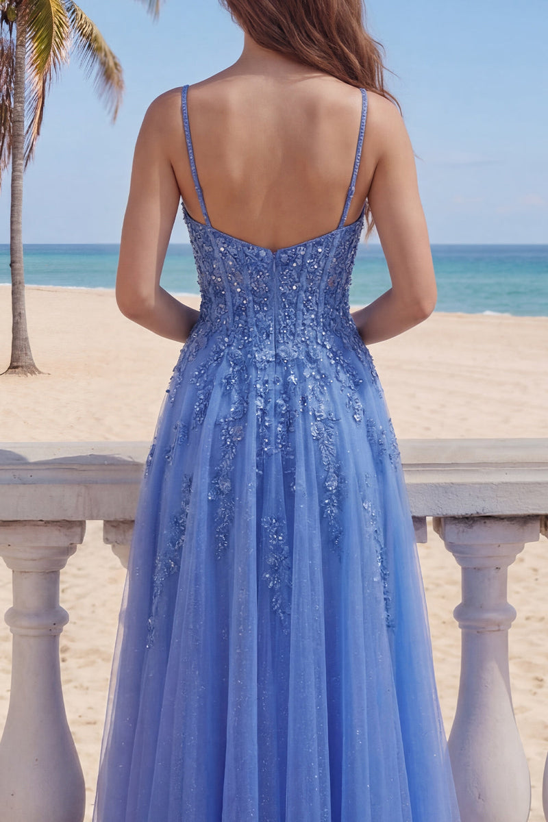 Laden Sie das Bild in den Galerie-Viewer, Dunkelblaues A-Line-Korsett, mit Applikation, langes Abschlussballkleid mit Schlitz