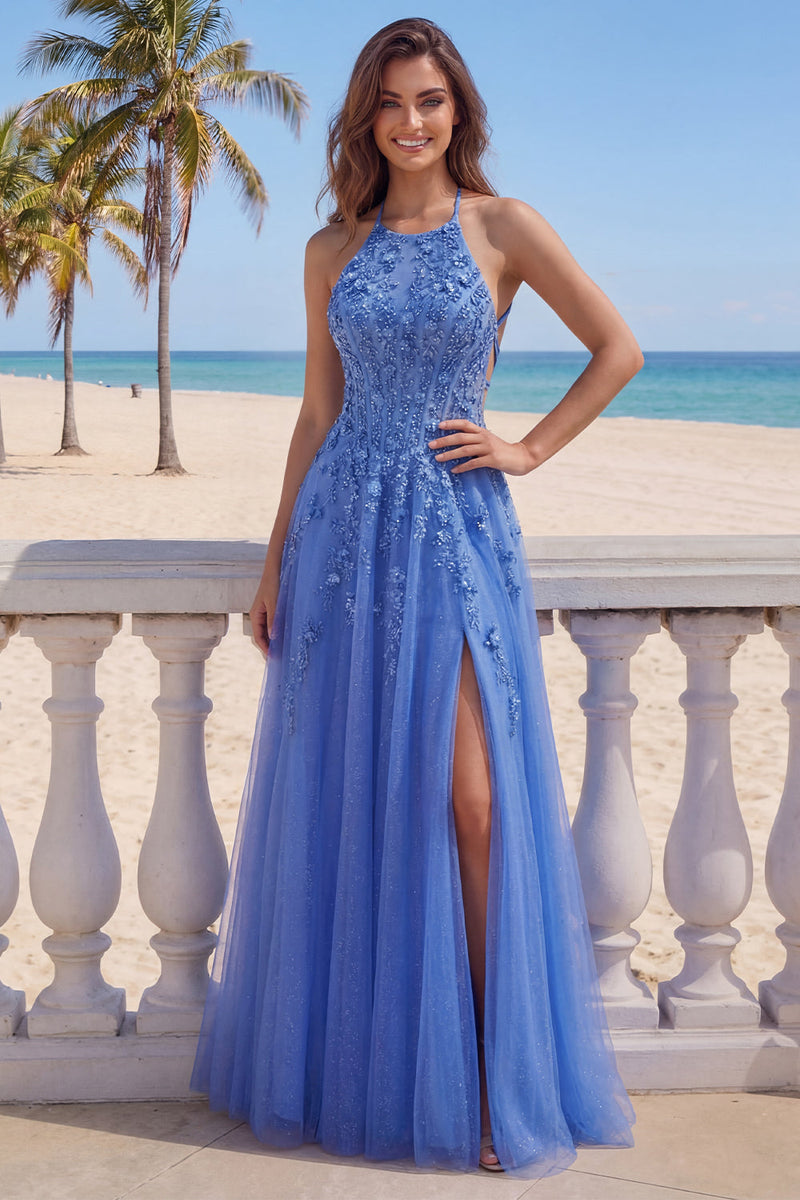 Laden Sie das Bild in den Galerie-Viewer, Dunkelblaues A-Linien-Neckholder-Korsett, mit Perlen, applikiertes langes Abschlussballkleid mit Schlitz