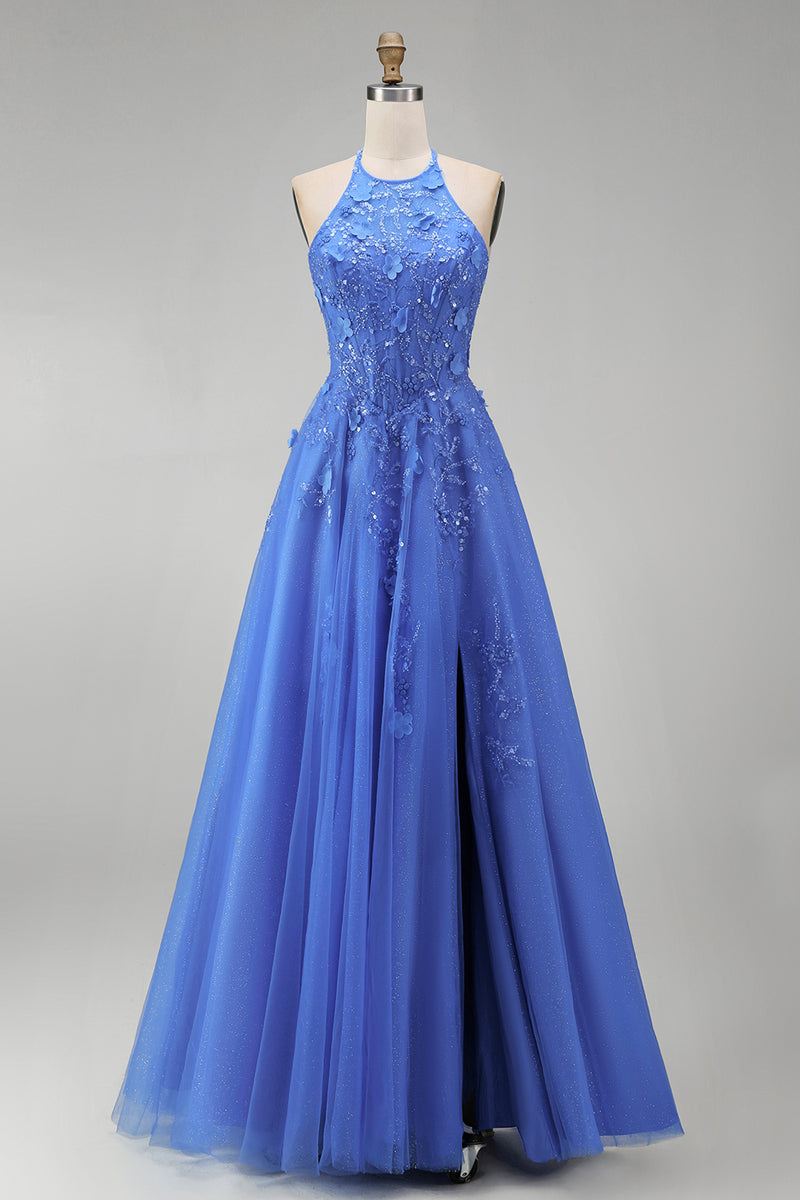 Laden Sie das Bild in den Galerie-Viewer, Dunkelblaues A-Linien-Neckholder-Korsett mit Perlen applikiertes langes Abschlussballkleid mit Schlitz