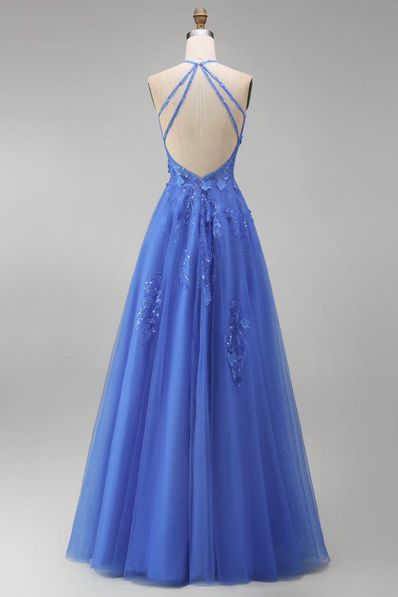 Laden Sie das Bild in den Galerie-Viewer, Dunkelblaues A-Linien-Neckholder-Korsett mit Perlen applikiertes langes Abschlussballkleid mit Schlitz