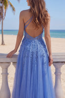 Laden Sie das Bild in den Galerie-Viewer, Dunkelblaues A-Linien-Neckholder-Korsett, mit Perlen, applikiertes langes Abschlussballkleid mit Schlitz