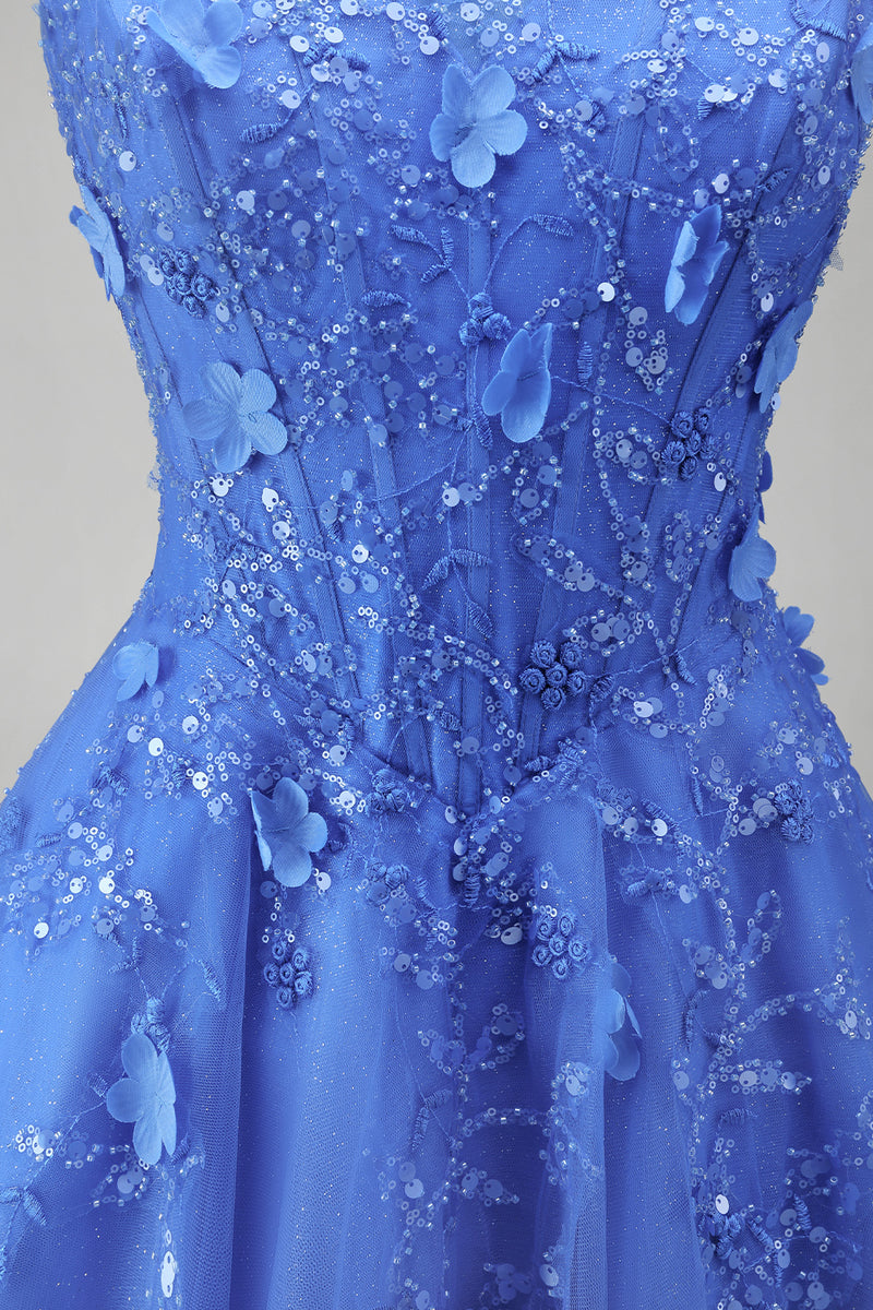 Laden Sie das Bild in den Galerie-Viewer, Dunkelblaues A-Linien-Neckholder-Korsett mit Perlen applikiertes langes Abschlussballkleid mit Schlitz