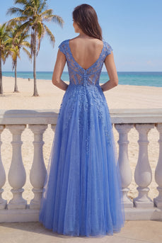 Dunkelblaues V-Ausschnitt-Korsett-Langballkleid mit Applikationen