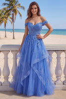 Laden Sie das Bild in den Galerie-Viewer, Off-the-shoulder Tüll-Dunkelblaues A-Linien-Korsett-Applikationskleid mit langem Abschlussballkleid mit Rüschen
