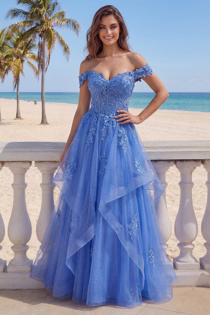 Laden Sie das Bild in den Galerie-Viewer, Off-the-shoulder Tüll-Dunkelblaues A-Linien-Korsett-Applikationskleid mit langem Abschlussballkleid mit Rüschen