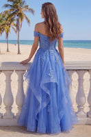 Laden Sie das Bild in den Galerie-Viewer, Off-the-shoulder Tüll-Dunkelblaues A-Linien-Korsett-Applikationskleid mit langem Abschlussballkleid mit Rüschen
