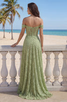 Laden Sie das Bild in den Galerie-Viewer, A-Linie Salbeigrünes Spitzen-Korsett-Langball-Kleid mit Schlitz