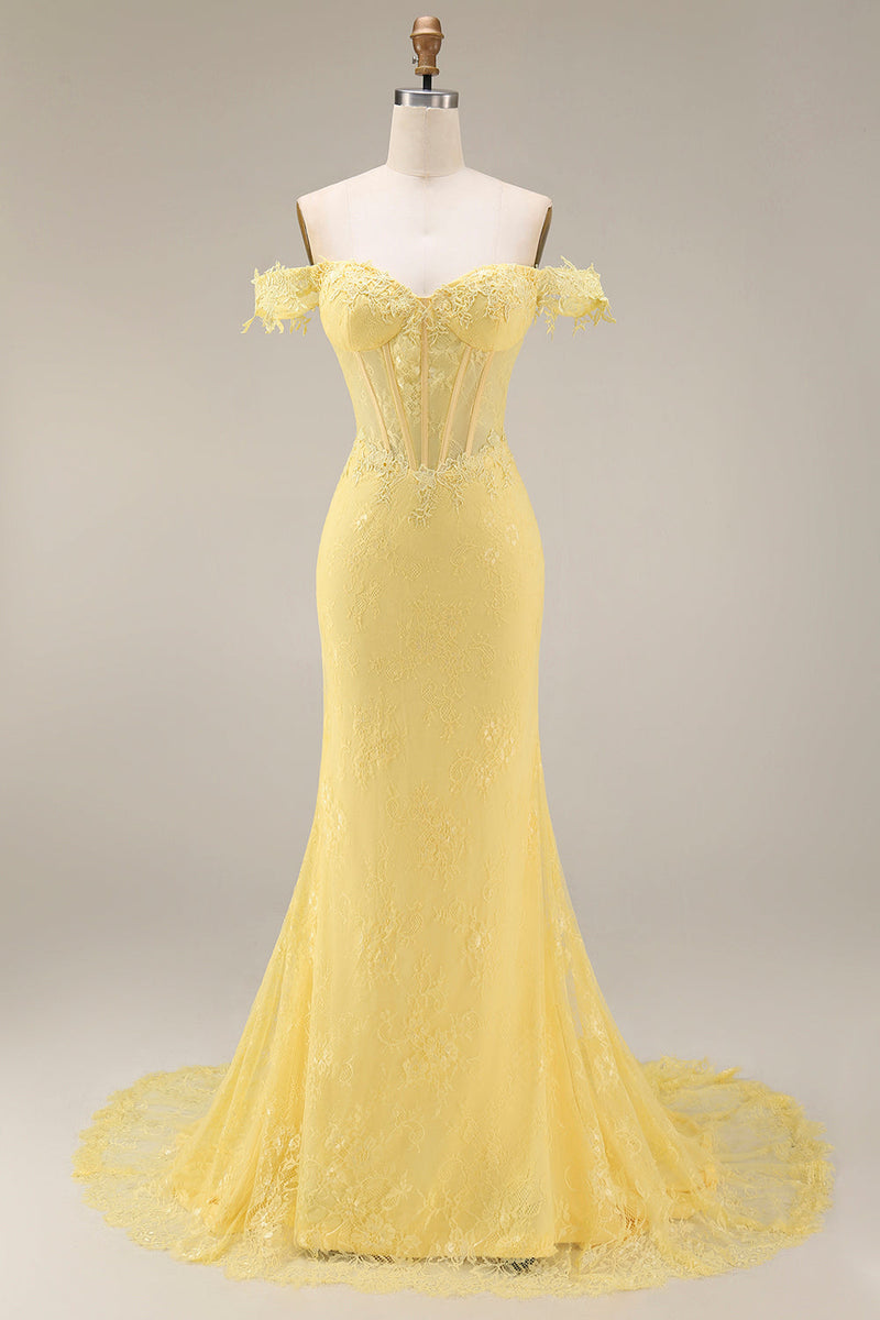 Laden Sie das Bild in den Galerie-Viewer, Schulterloses Spitzen Meerjungfrauen Korsett Gelbes Langes Abschlussballkleid