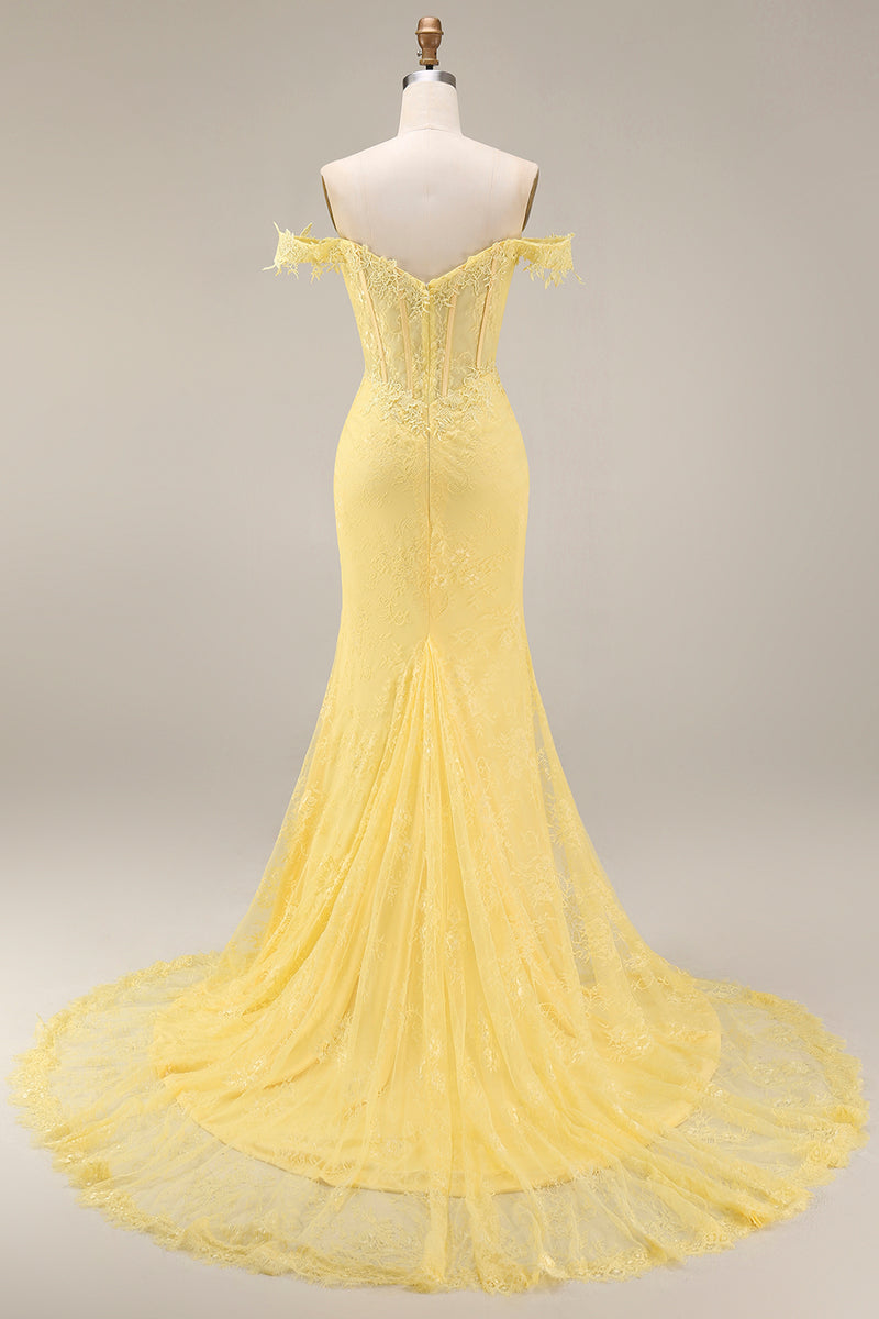 Laden Sie das Bild in den Galerie-Viewer, Gelbes Spitze Meerjungfrauen Korsett Langes Abschlussballkleid
