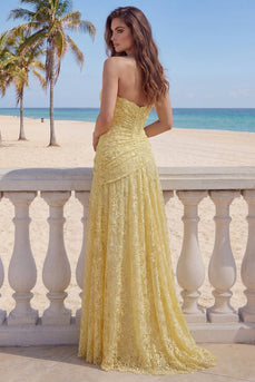 Spitzen-A-Linie gelbes, gerafftes langes Abschlussballkleid