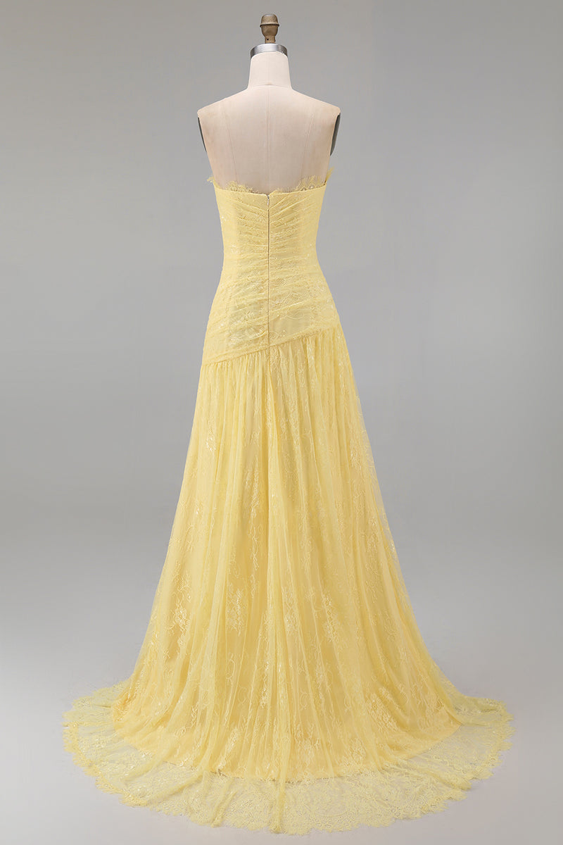 Laden Sie das Bild in den Galerie-Viewer, Spitzen-A-Linie gelbes, gerafftes langes Abschlussballkleid