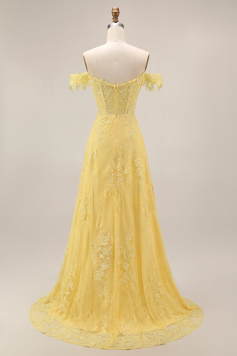 Laden Sie das Bild in den Galerie-Viewer, Off-the-shoulder gelbes Spitzen-Korsett-Applikationskleid mit langer Abschlussball-Appliquierung