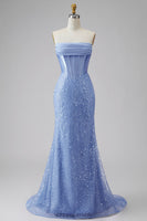 Laden Sie das Bild in den Galerie-Viewer, Satin Meerjungfrauen Blaues Trägerloses Korsett Langes Abschlussballkleid mit Strasssteinen