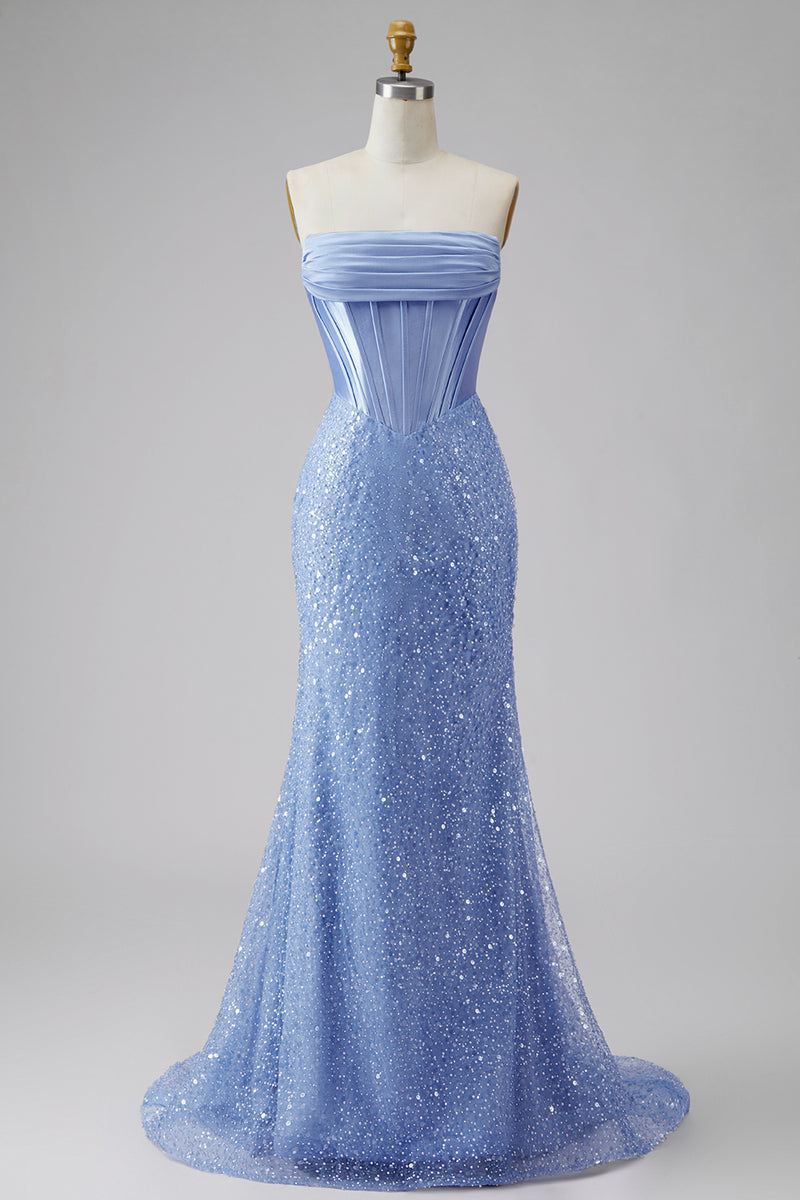 Laden Sie das Bild in den Galerie-Viewer, Satin Meerjungfrauen Blaues Trägerloses Korsett Langes Abschlussballkleid mit Strasssteinen